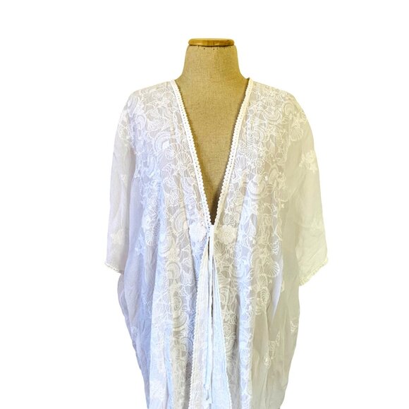Johnny Was Women's One Size White Lace Embroidered Open Front Kimono - Picture 2 of 15